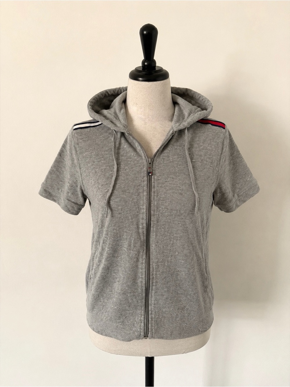 Tommy Hilfiger Grey Short Sleeve Zip Hoodie with Shoulder Stripe Detail